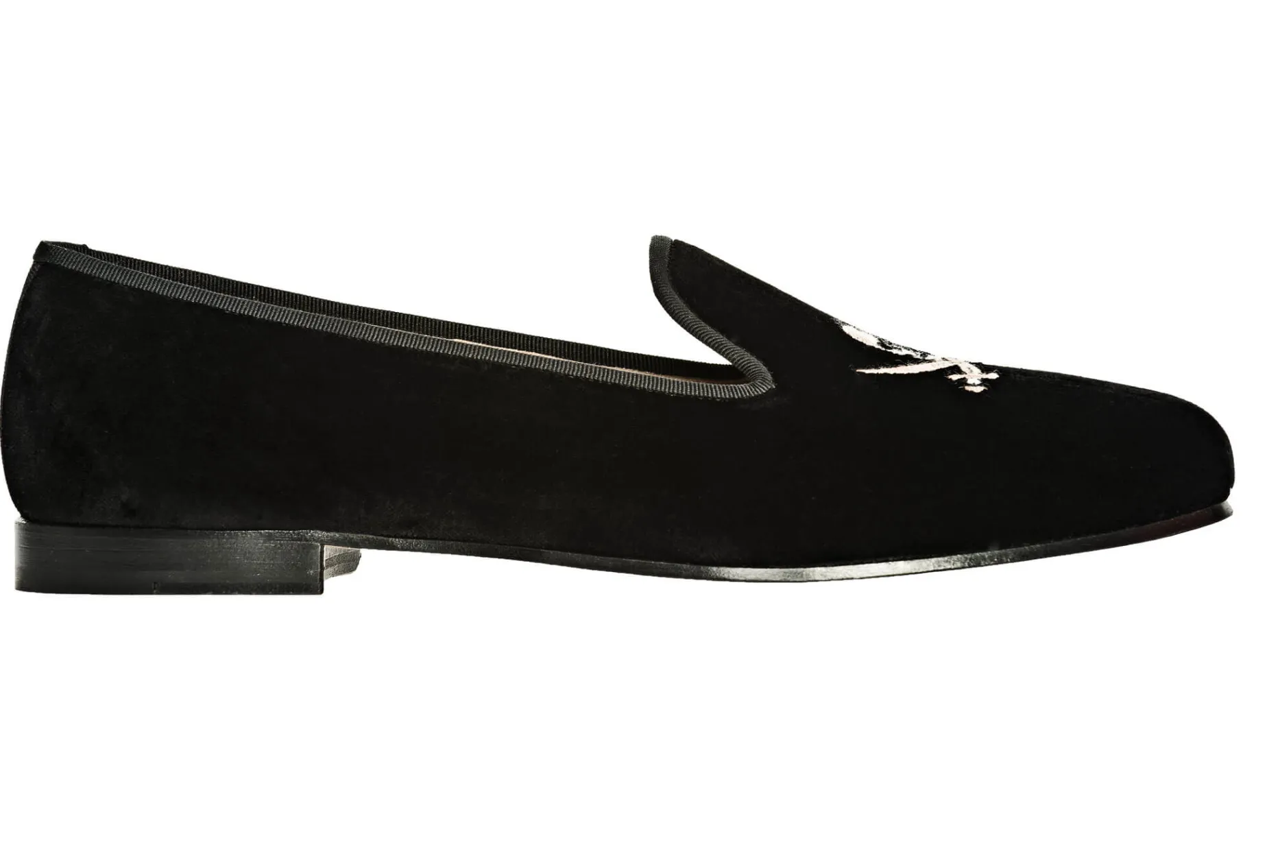 Skull Black Velvet Slipper (Wide)